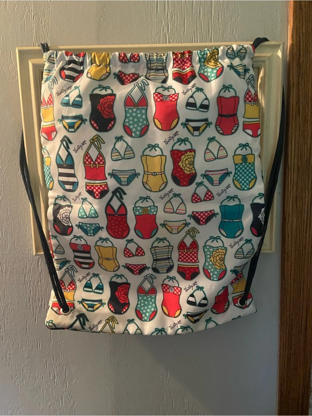 thirty-one Multicolor Swimsuit Print Drawstring Backpack in White 14x17